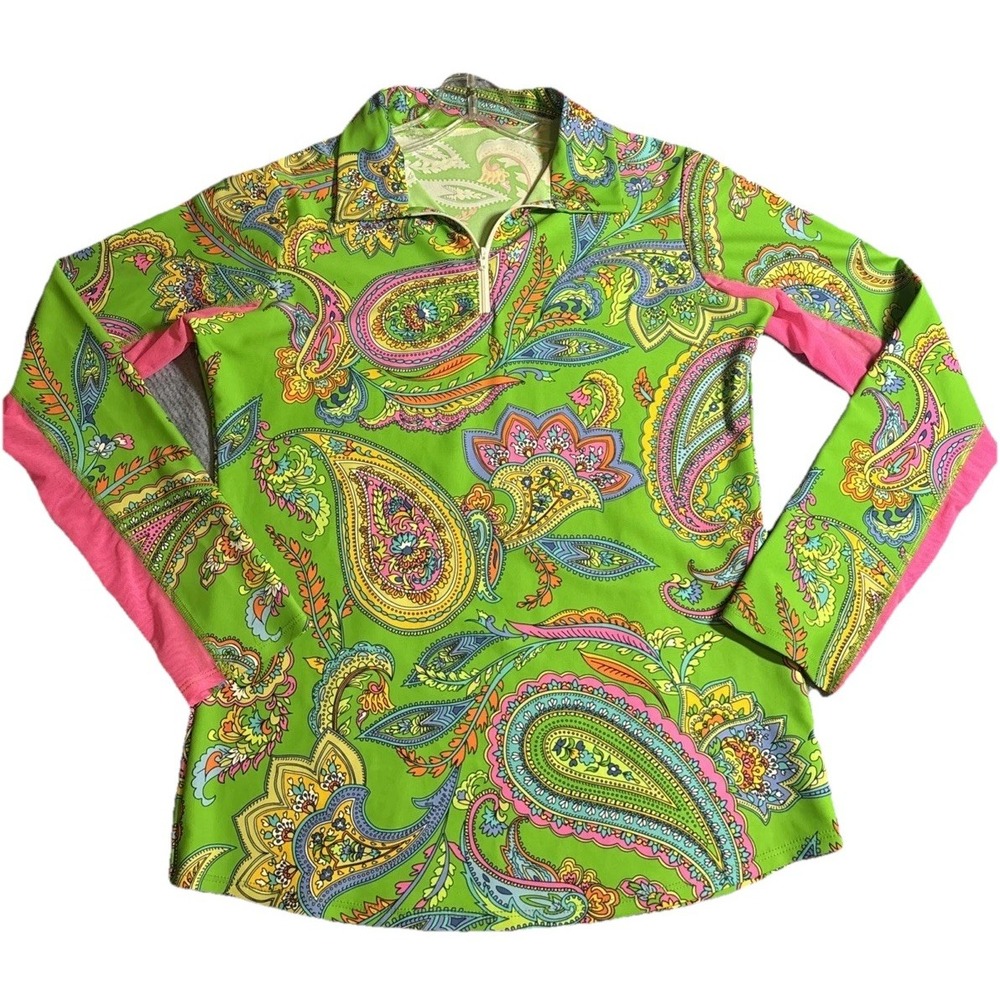 Southwind Apparel Women's NWOT Long Sleeve 1/4 Zip Vibrant Green Paisley Sz Med